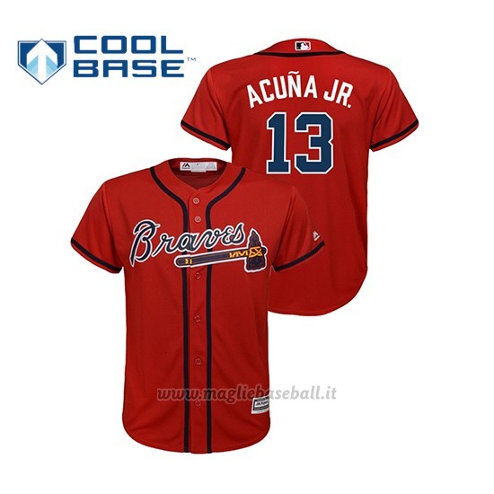 Maglia Baseball Bambino Atlanta Braves 13 Ronald Acuna Jr. Cool Base Majestic Alternato Rosso
